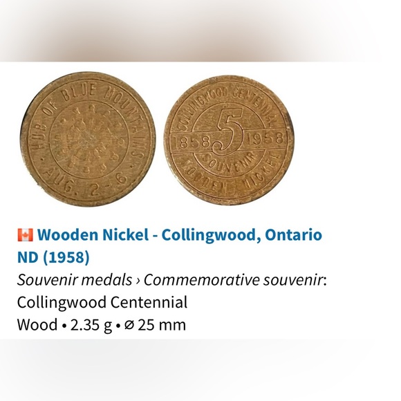🎈$5 add on - 1858-1958 Collingwood Centennial Wooden Nickel - Picture 3 of 3